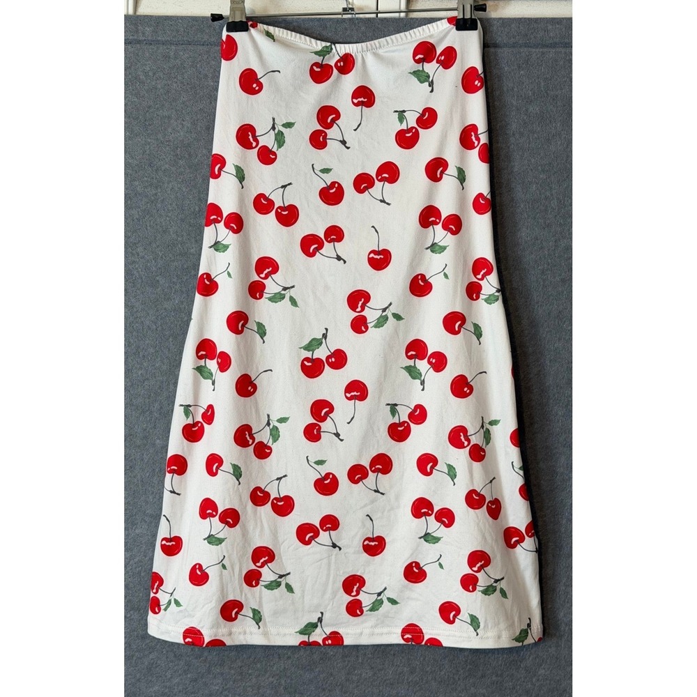 Urban Outfitters S Tube Dress White Red Cherry Print Stretch Strapless Mini Y2K